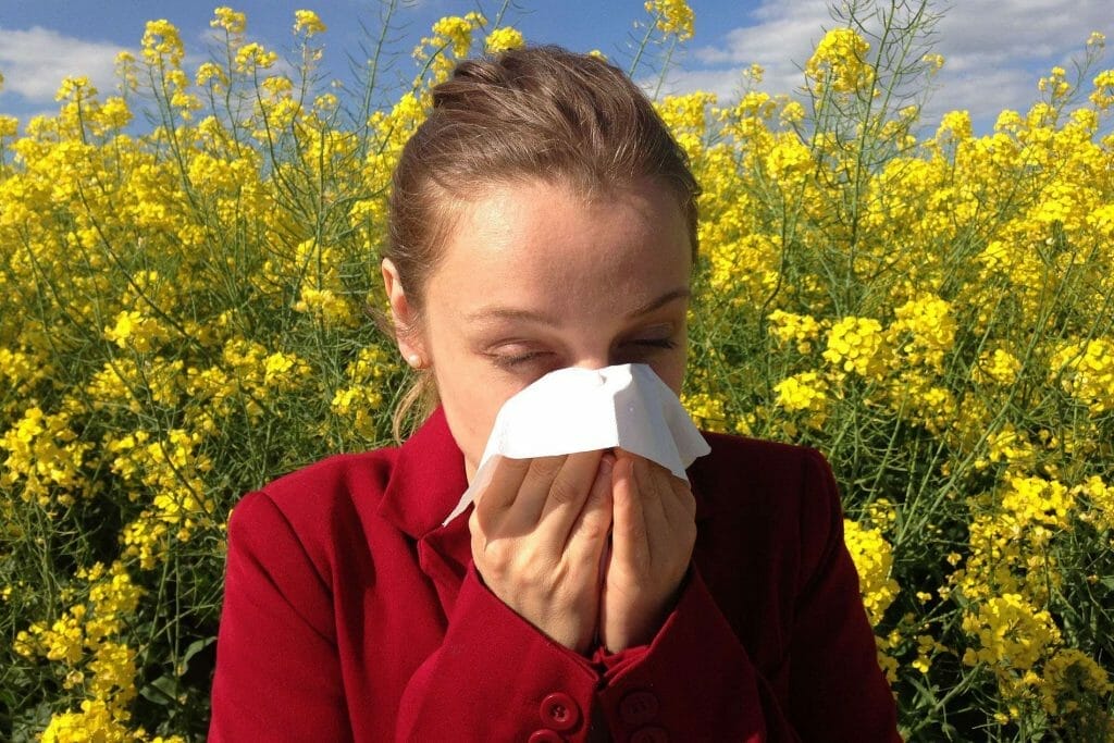 A woman blowing her nose in a field of yellow flowers during a well child check visit in Sugar Land.