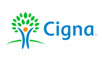 Cigna logo displayed on a green background, featuring their contact details in Sugar Land, TX.