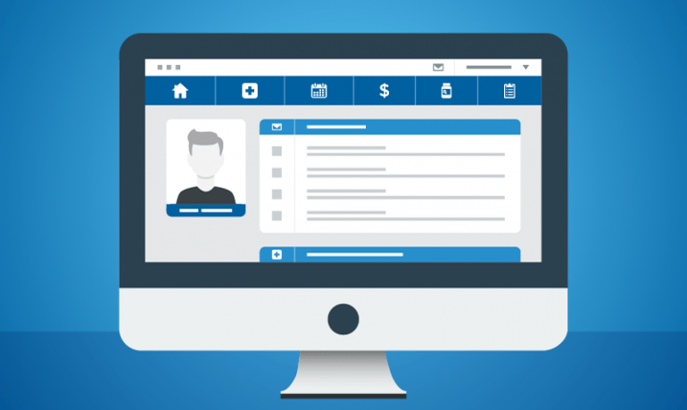 A pediatrician in Sugar Land, TX, uses a patient portal to communicate with patients through a computer screen.